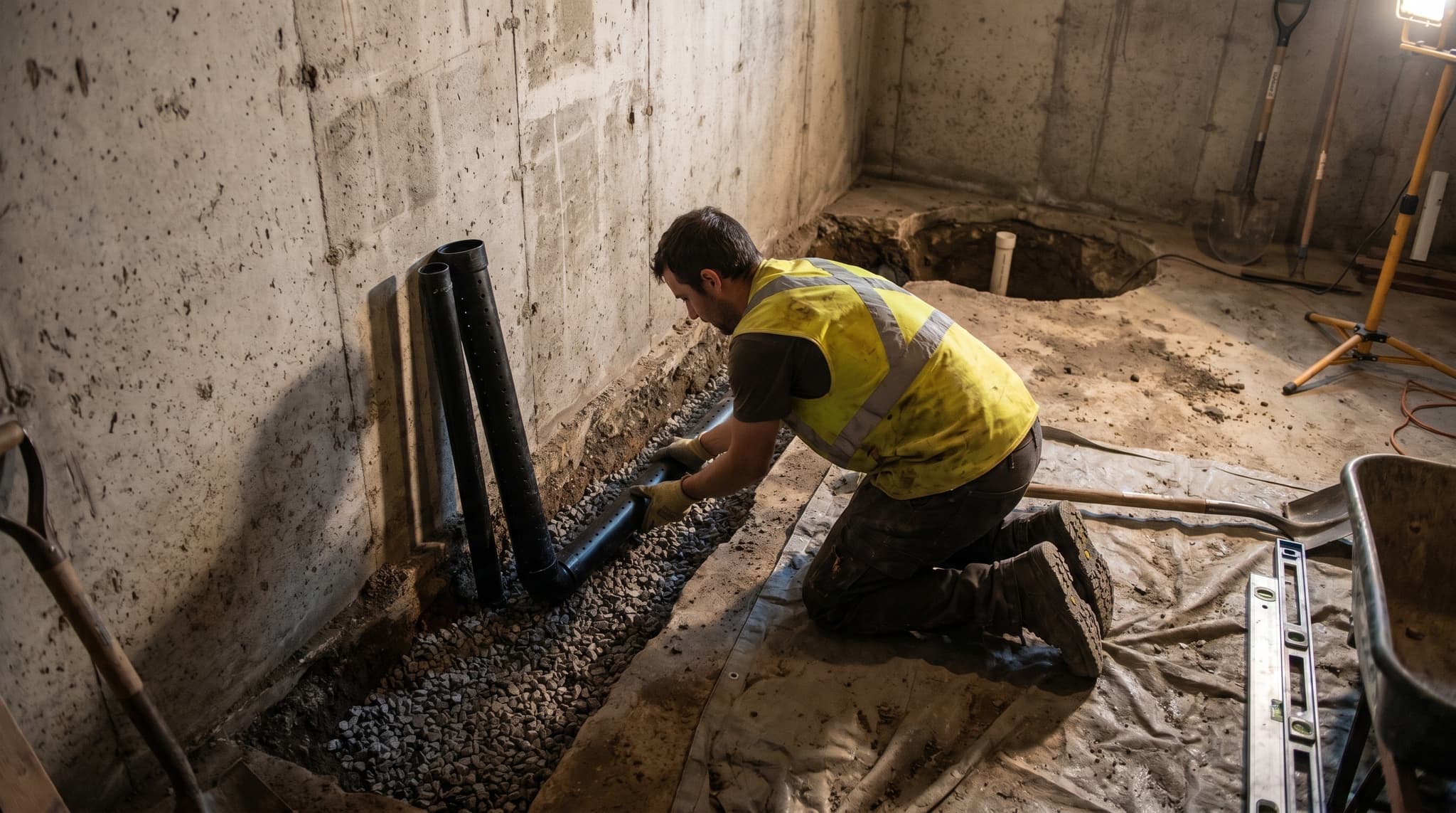 Drain français intérieur ou extérieur — quel choisir? — cuvelage intérieur en sous-sol résidentiel, Lanaudière